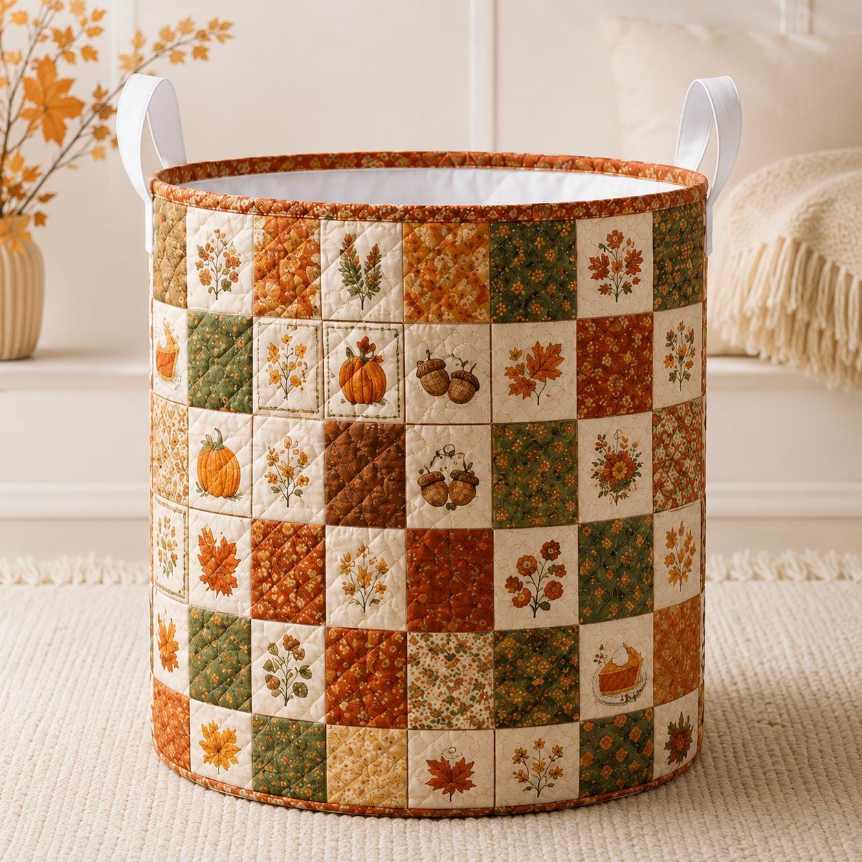 Laundry Basket and Storage Hamper with Pumpkin Spice Quilted Styleed Design for Fall Autumn Harvest Halloween Seasonal Home Decor
