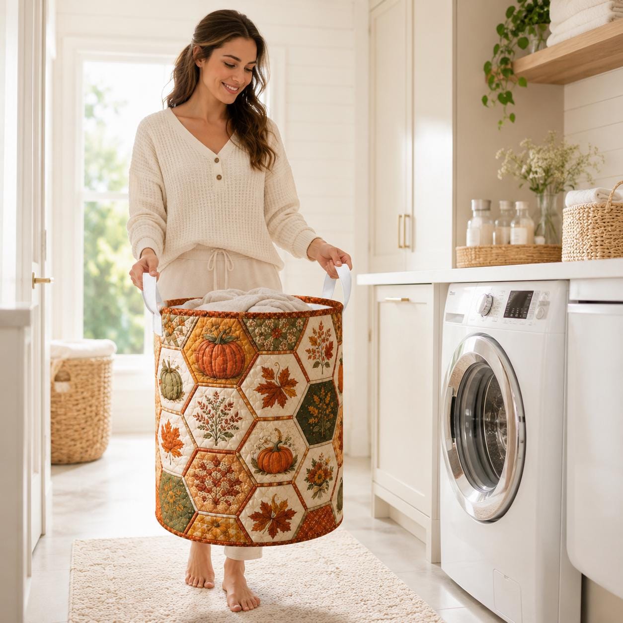 Laundry Basket and Storage Hamper with Pumpkin Spice Quilted Styleed Design for Fall Autumn Harvest Halloween Seasonal Home Decor - photo 3