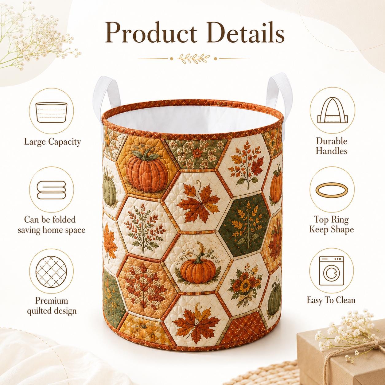 Laundry Basket and Storage Hamper with Pumpkin Spice Quilted Styleed Design for Fall Autumn Harvest Halloween Seasonal Home Decor - photo 4