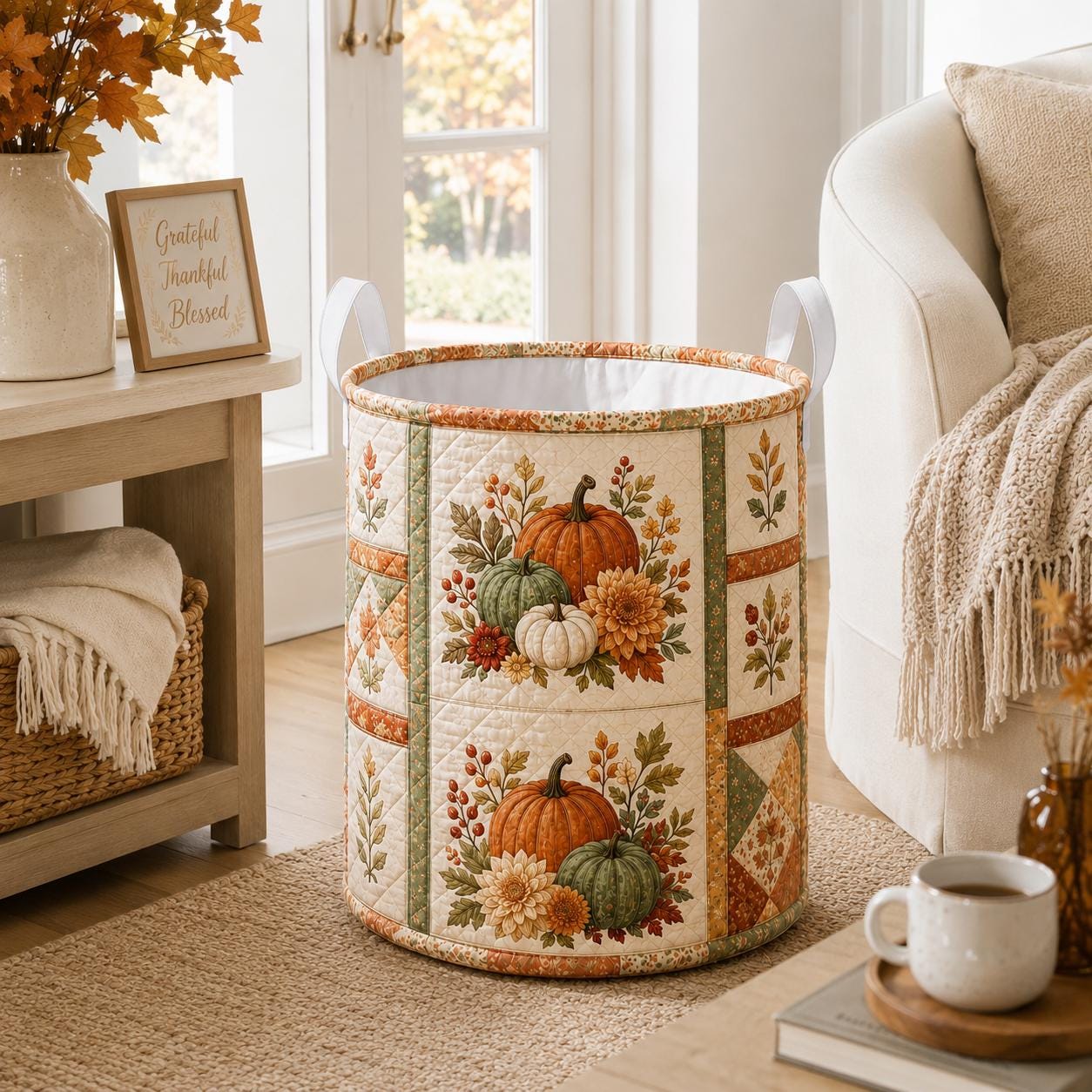 Laundry Basket and Storage Hamper with Pumpkin Spice Quilted Styleed Design for Fall Autumn Harvest Halloween Seasonal Home Decor - photo 7