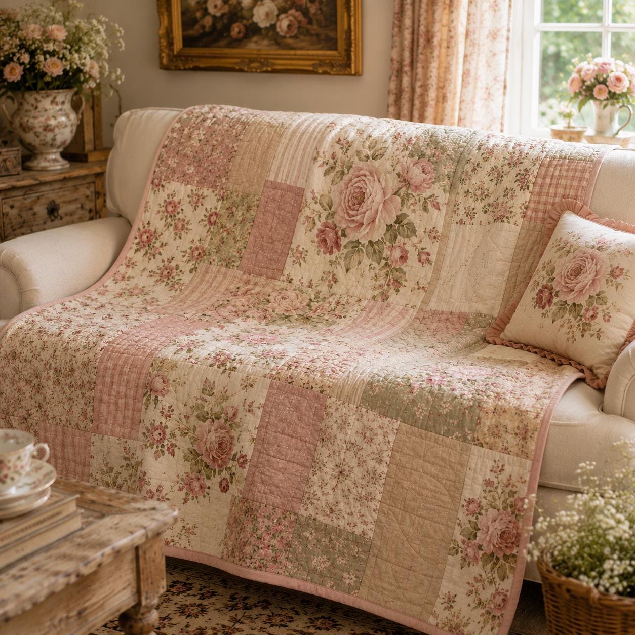 Pink Rose Floral Patchwork Quilt Throw Blanket – Shabby Chic Cottagecore Garden Sofa and Vintage Farmhouse Home Decor