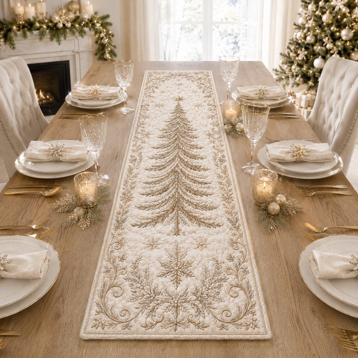 Elegant Christmas Tree Table Runner with Luxury Gold Holiday Dining Decor and Quilted Styleed Style Linen
