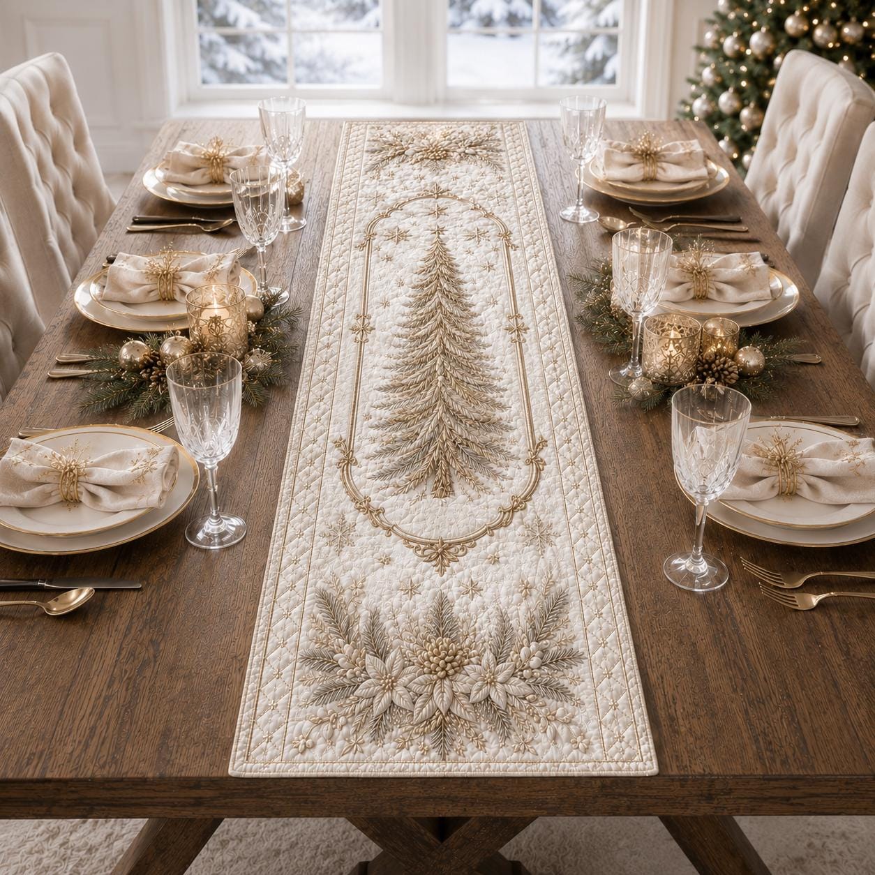 Elegant Christmas Tree Table Runner with Luxury Gold Holiday Dining Decor and Quilted Styleed Style Linen - photo 2