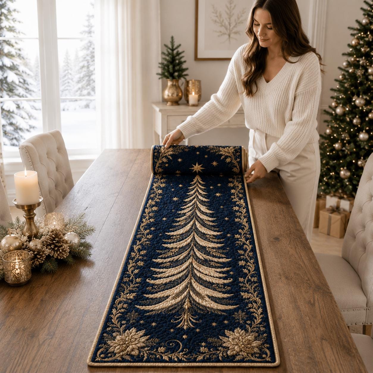 Elegant Christmas Tree Table Runner with Luxury Gold Holiday Dining Decor and Quilted Styleed Style Linen - photo 3