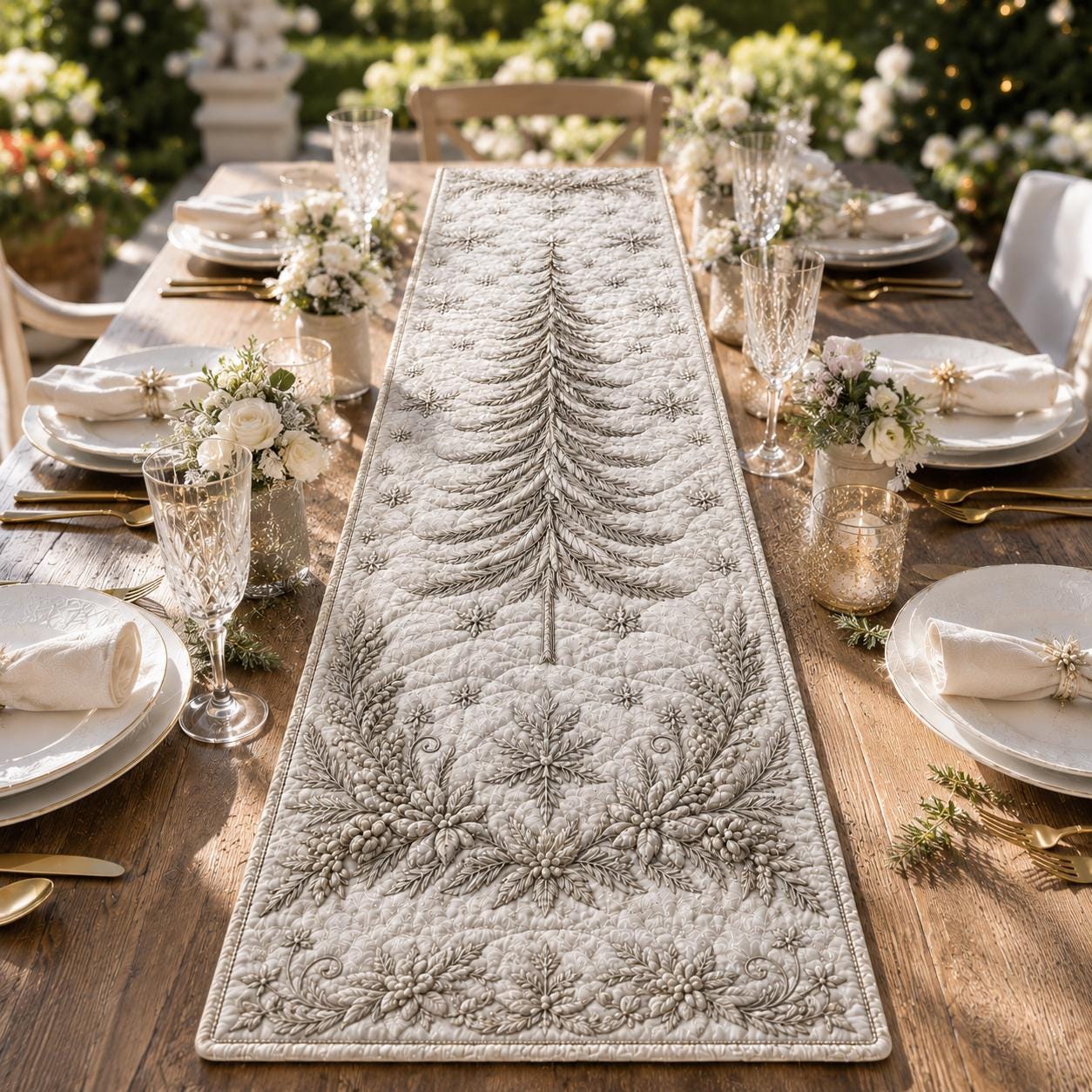 Elegant Christmas Tree Table Runner with Luxury Gold Holiday Dining Decor and Quilted Styleed Style Linen - photo 4