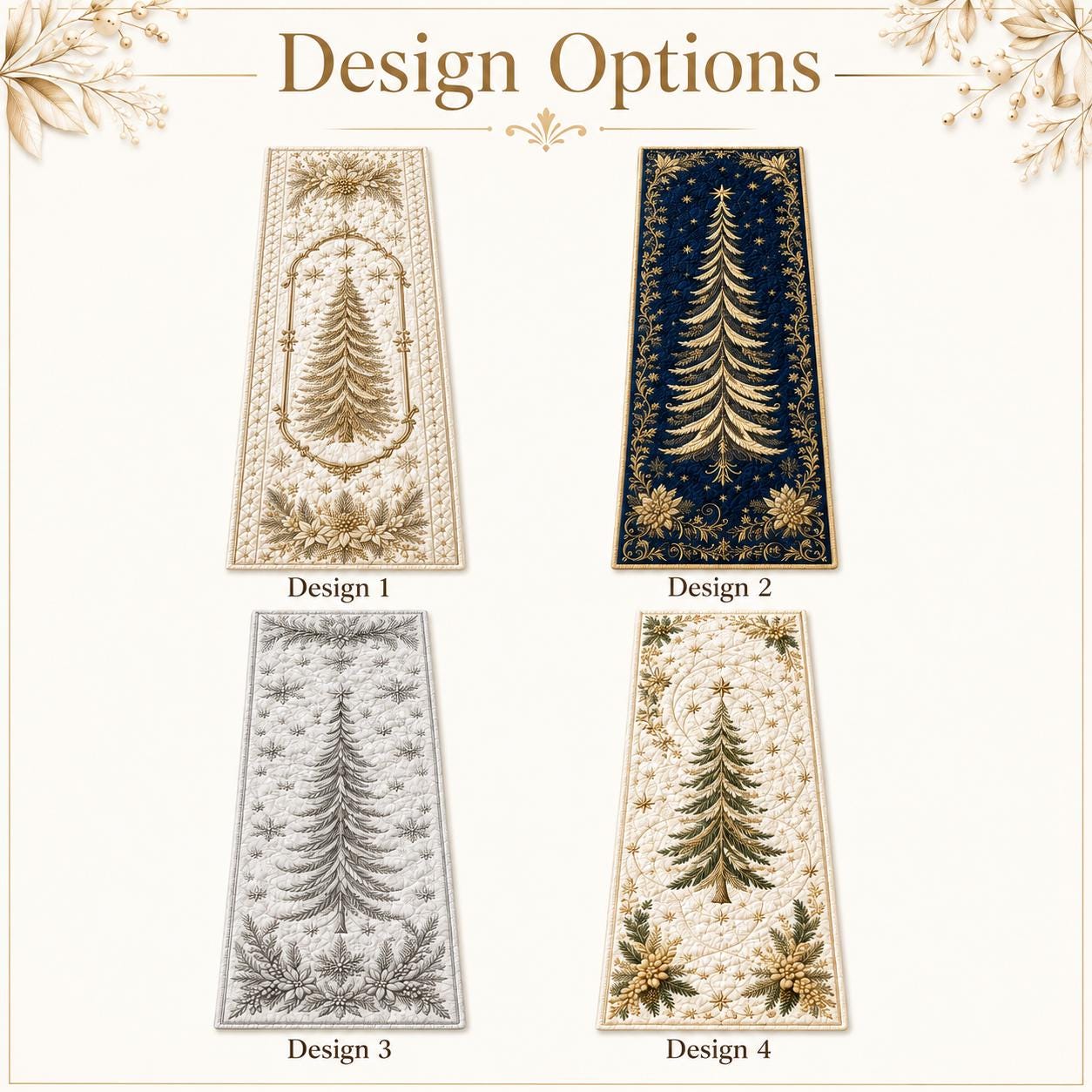 Elegant Christmas Tree Table Runner with Luxury Gold Holiday Dining Decor and Quilted Styleed Style Linen - photo 5
