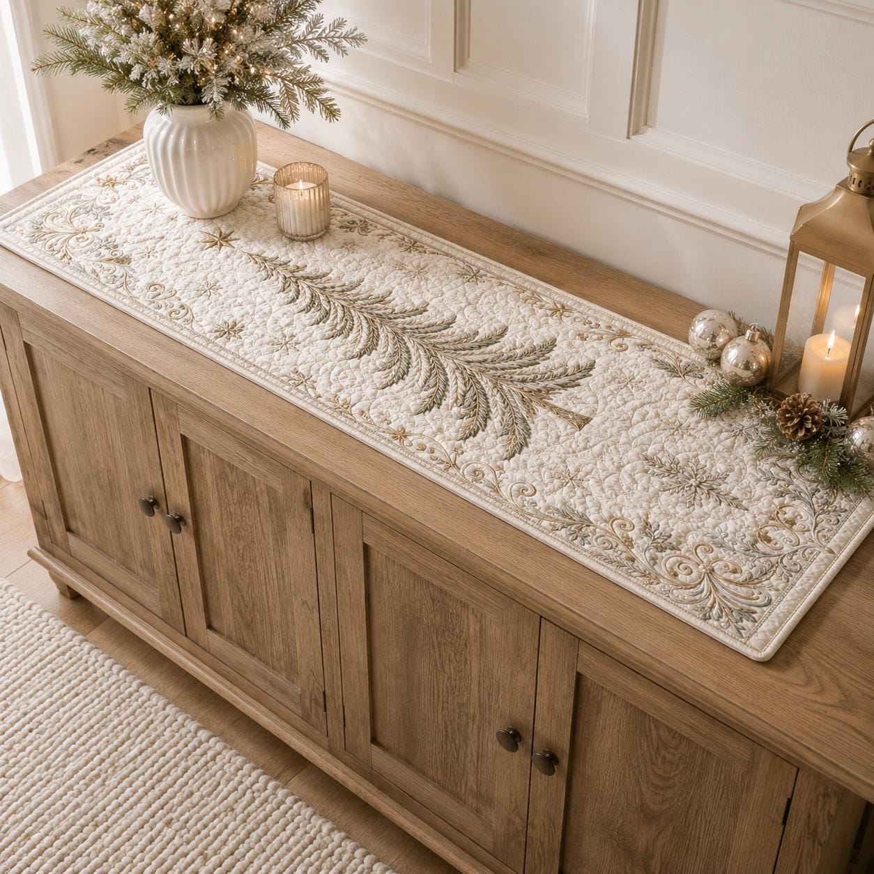 Elegant Christmas Tree Table Runner with Luxury Gold Holiday Dining Decor and Quilted Styleed Style Linen - photo 8