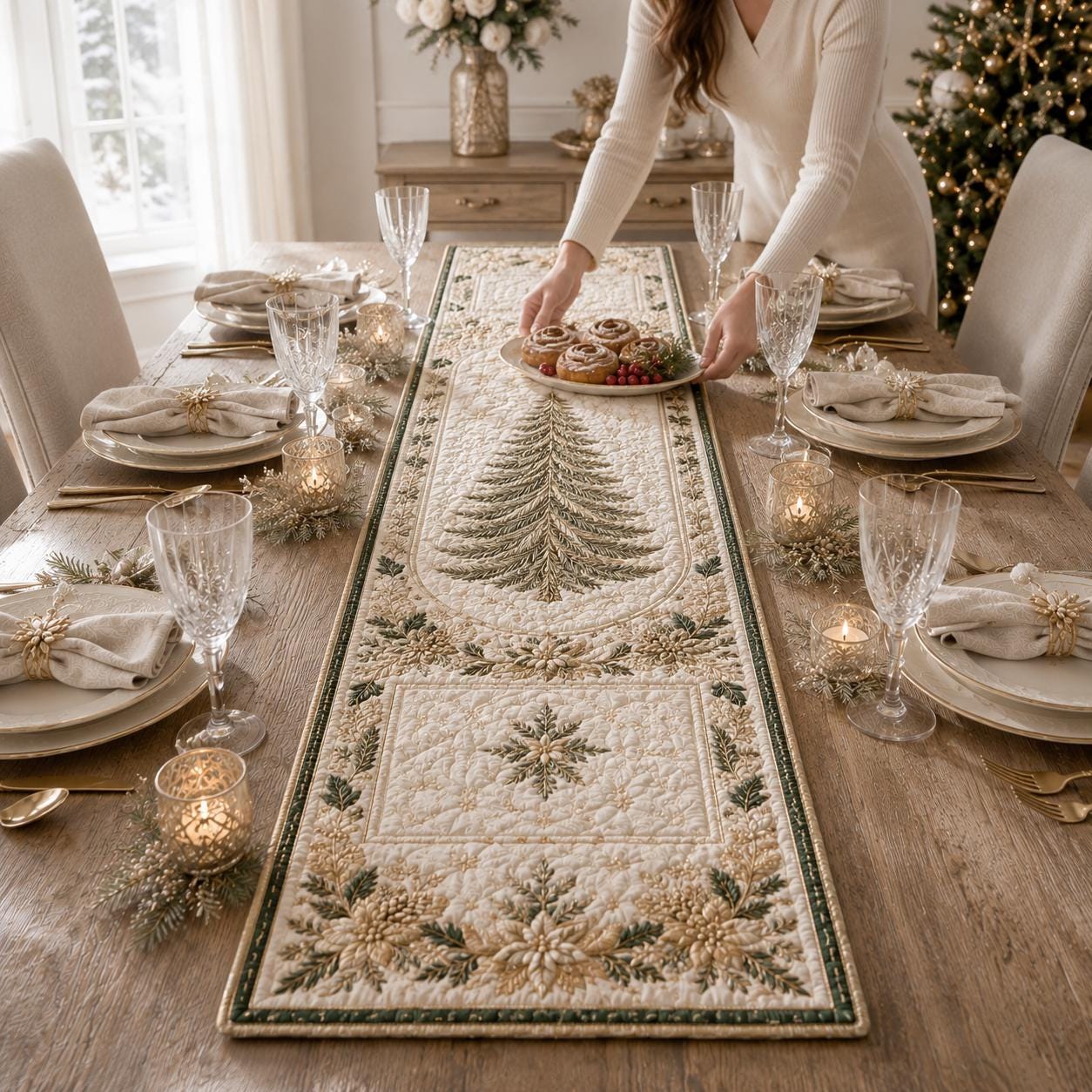 Elegant Christmas Tree Table Runner with Luxury Gold Holiday Dining Decor and Quilted Styleed Style Linen - photo 9