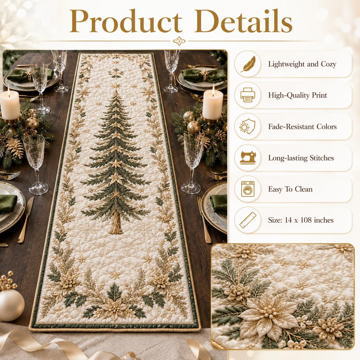 Elegant Christmas Tree Table Runner with Luxury Gold Holiday Dining Decor and Quilted Styleed Style Linen - photo 10