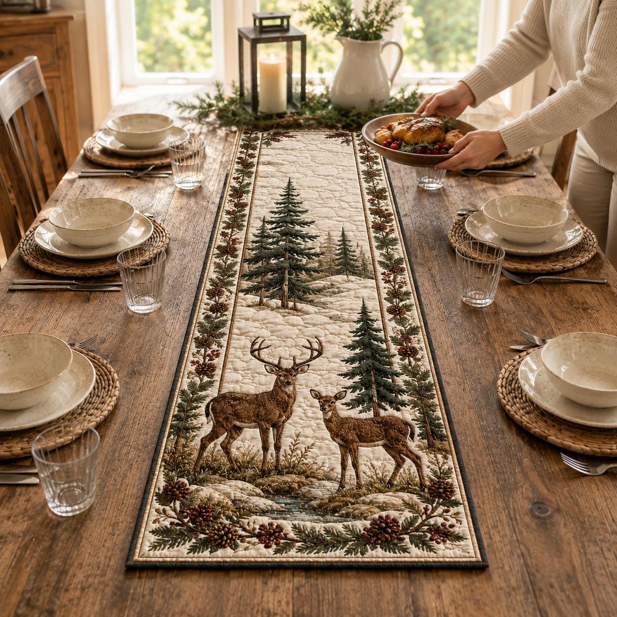 Quilted Styleed Forest Deer Table Runner – Rustic Lodge Cabin Dining Room Decor And Animal Lover Quilted Style