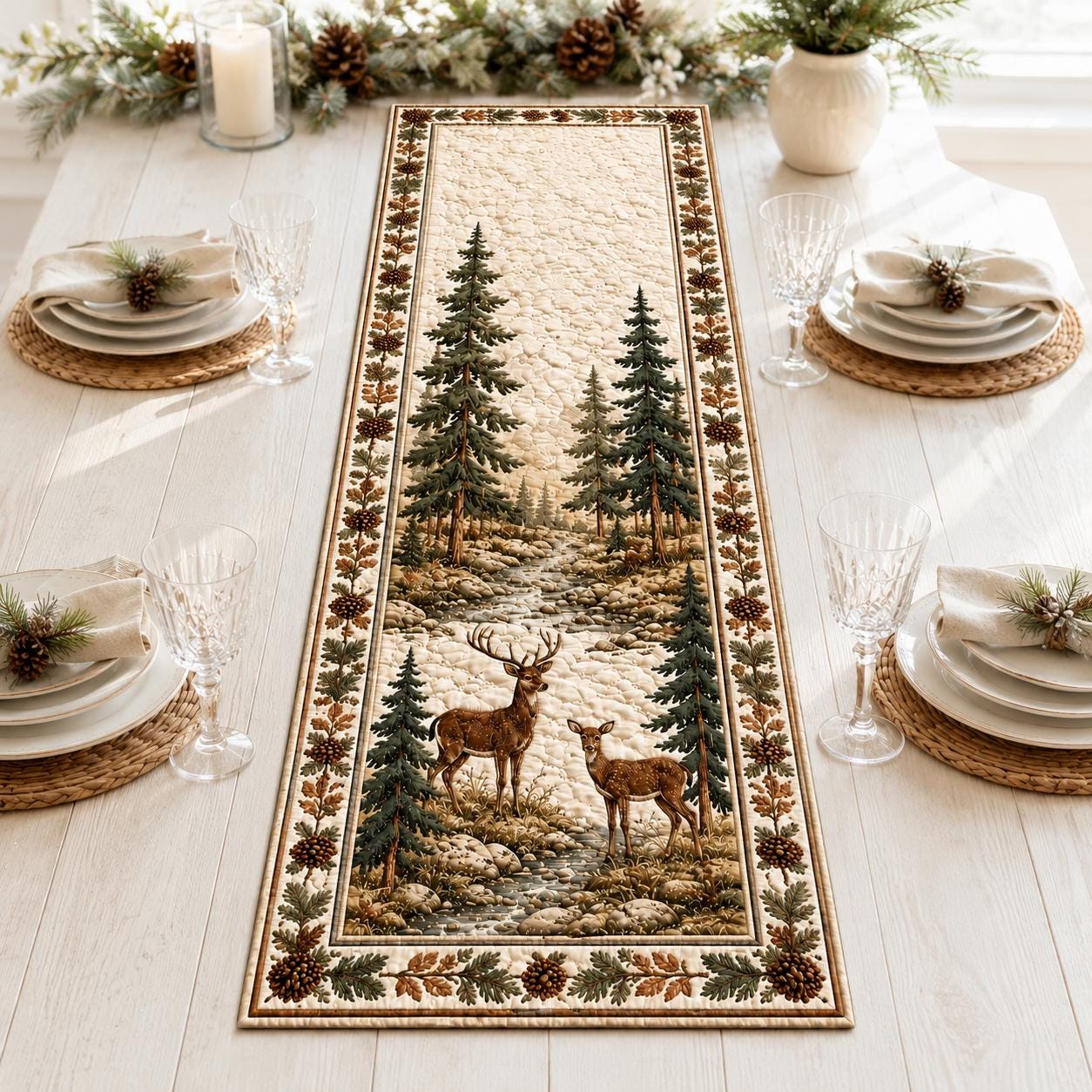 Quilted Styleed Forest Deer Table Runner – Rustic Lodge Cabin Dining Room Decor And Animal Lover Quilted Style - photo 2