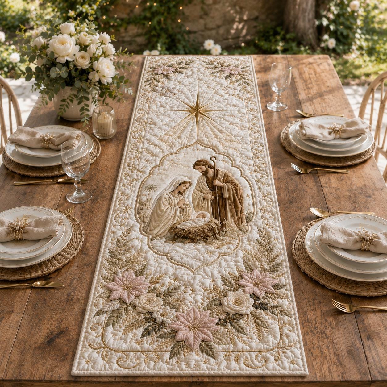Quilted Styleed Nativity Scene Table Runner – Holy Family Christmas Centerpiece And Christian Religious Holiday Farmhouse Decor Gift