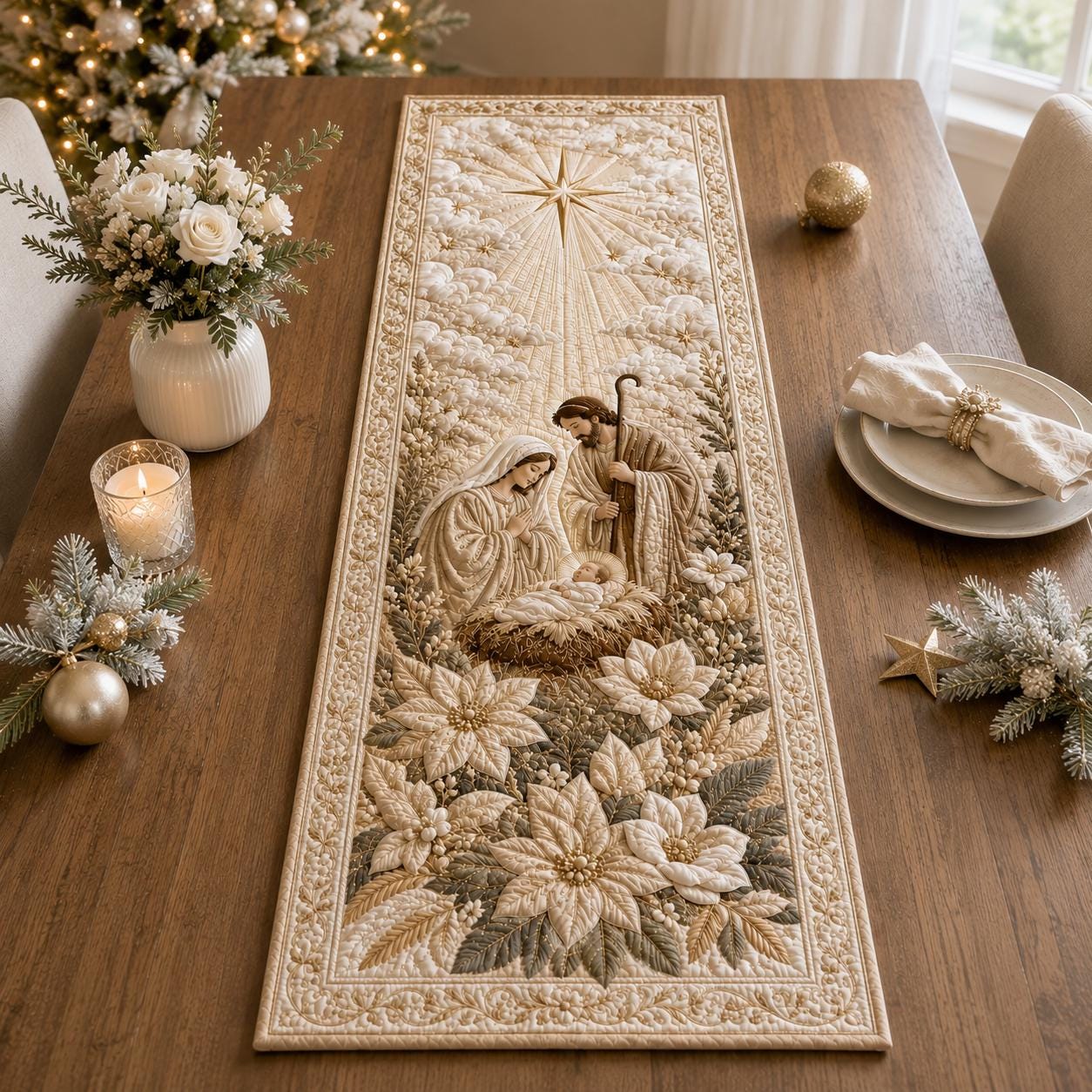 Quilted Styleed Nativity Scene Table Runner – Holy Family Christmas Centerpiece And Christian Religious Holiday Farmhouse Decor Gift - photo 2