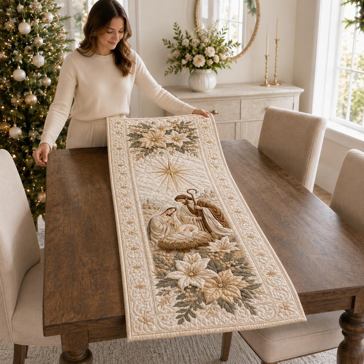 Quilted Styleed Nativity Scene Table Runner – Holy Family Christmas Centerpiece And Christian Religious Holiday Farmhouse Decor Gift - photo 3