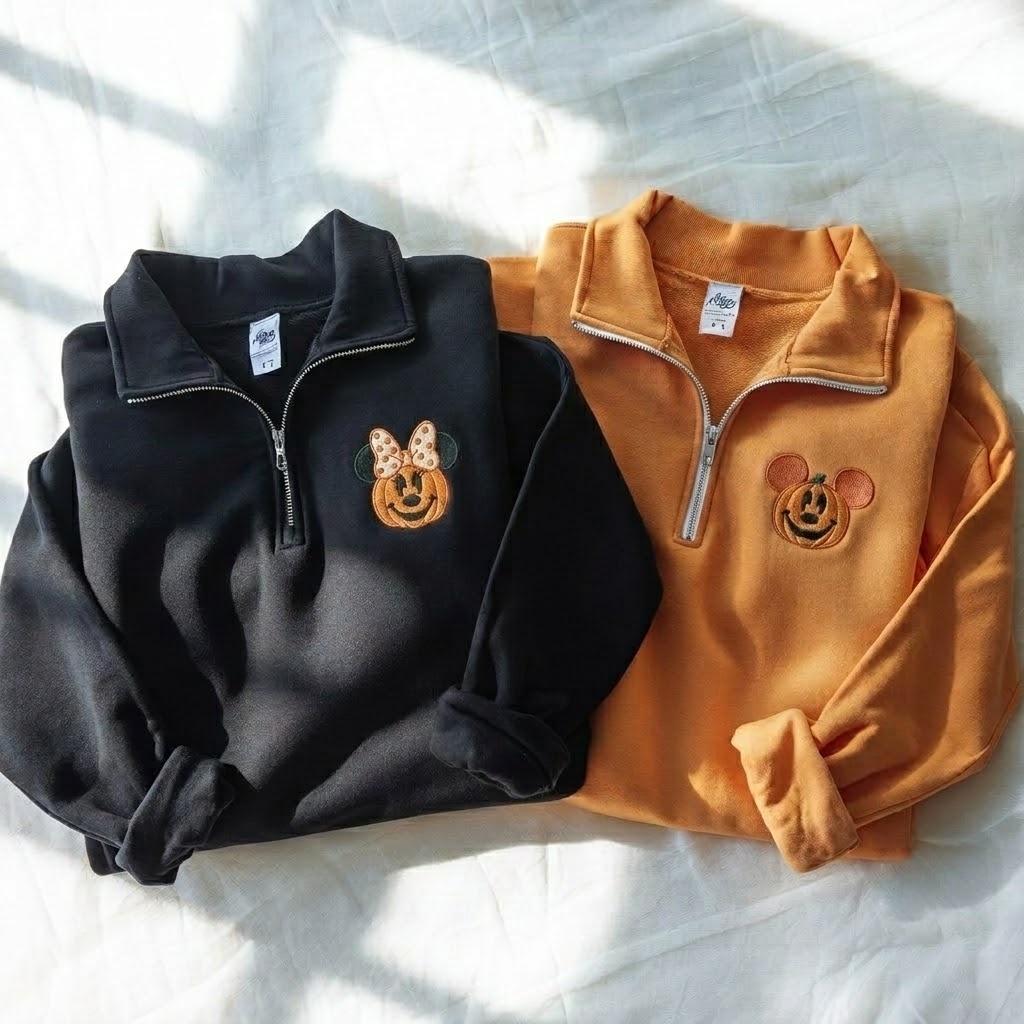 Embroidered Mickey and Minnie Halloween Quarter Zip Sweatshirt with Mickey Pumpkin – Disneyland Fall Halloween Shirt