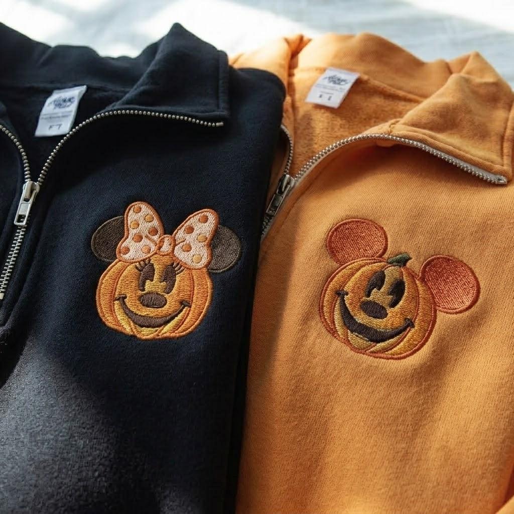 Embroidered Mickey and Minnie Halloween Quarter Zip Sweatshirt with Mickey Pumpkin – Disneyland Fall Halloween Shirt - photo 2