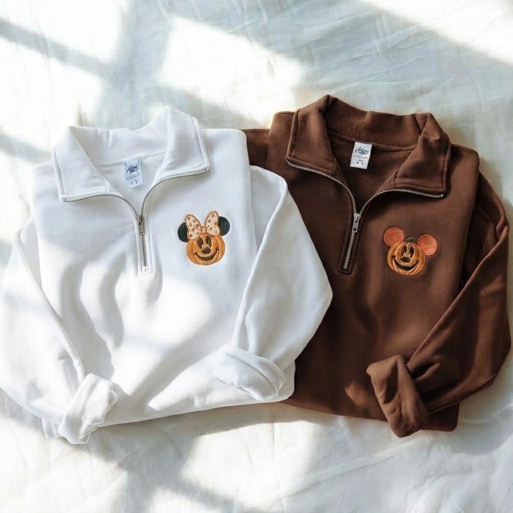 Embroidered Mickey and Minnie Halloween Quarter Zip Sweatshirt with Mickey Pumpkin – Disneyland Fall Halloween Shirt - photo 3