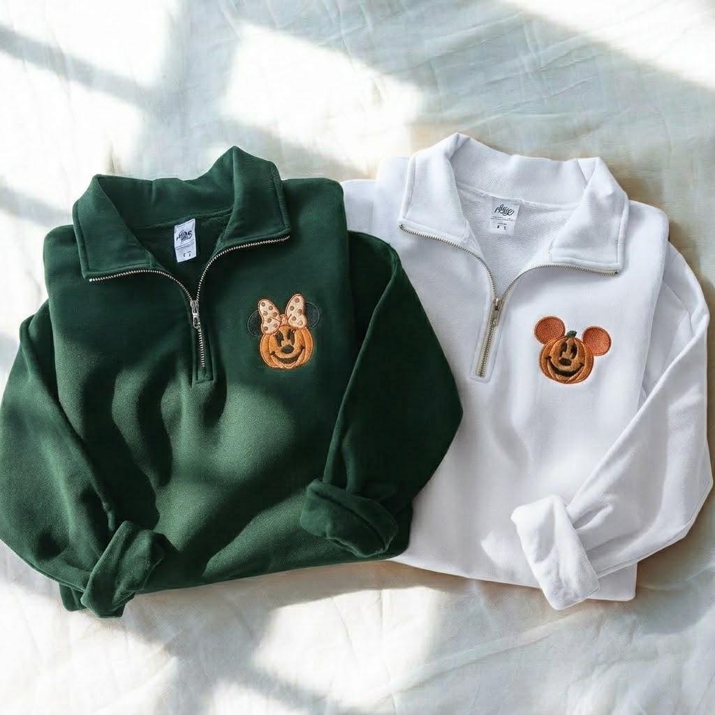 Embroidered Mickey and Minnie Halloween Quarter Zip Sweatshirt with Mickey Pumpkin – Disneyland Fall Halloween Shirt - photo 4