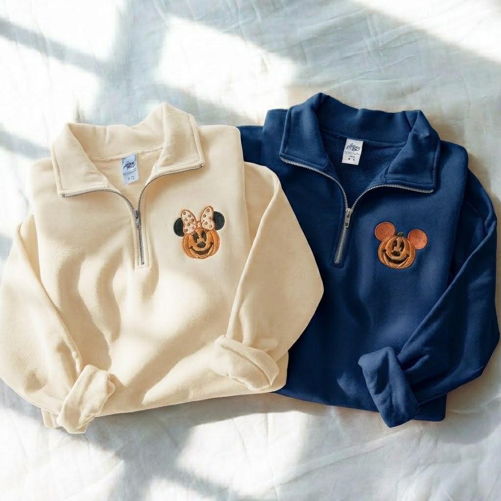 Embroidered Mickey and Minnie Halloween Quarter Zip Sweatshirt with Mickey Pumpkin – Disneyland Fall Halloween Shirt - photo 5