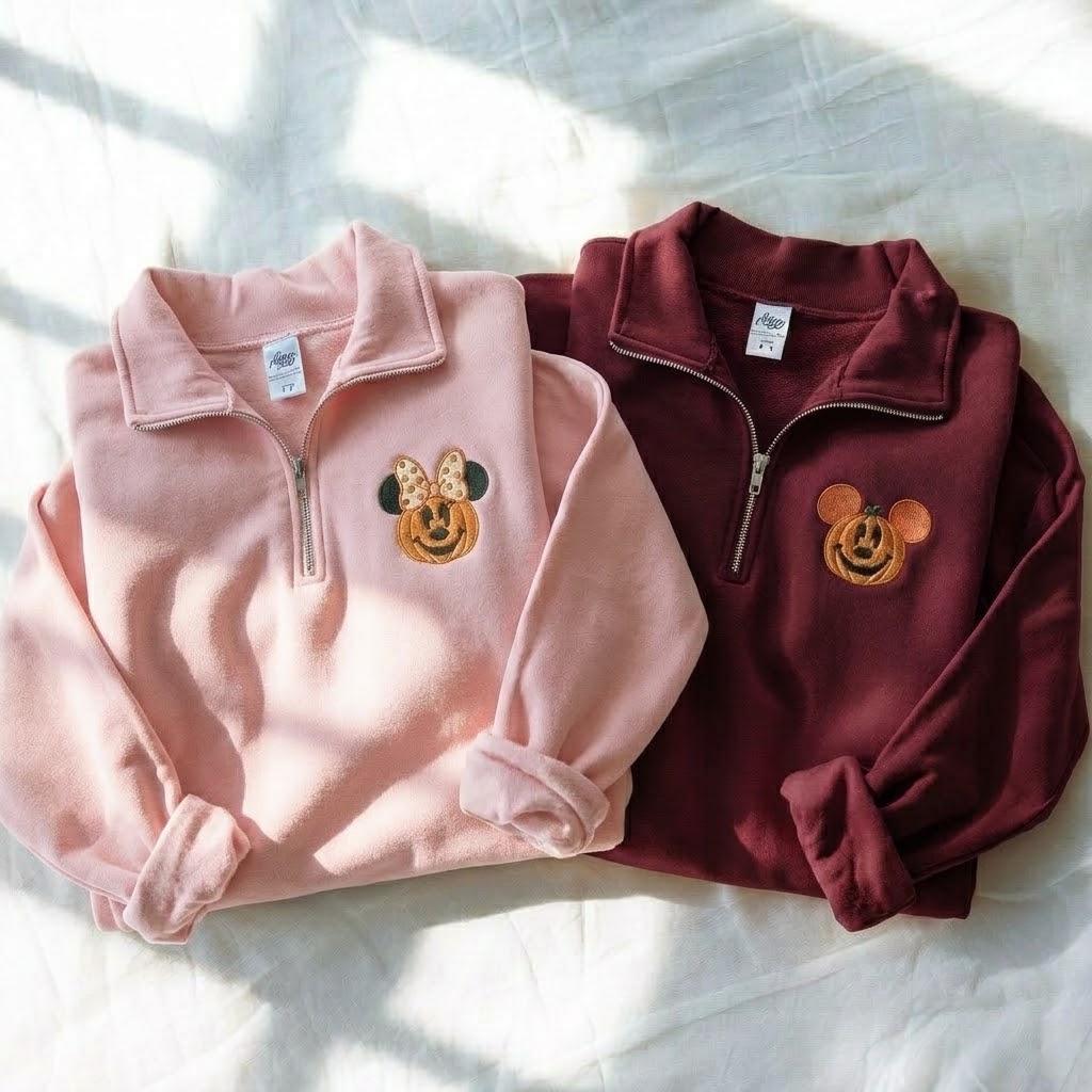 Embroidered Mickey and Minnie Halloween Quarter Zip Sweatshirt with Mickey Pumpkin – Disneyland Fall Halloween Shirt - photo 6