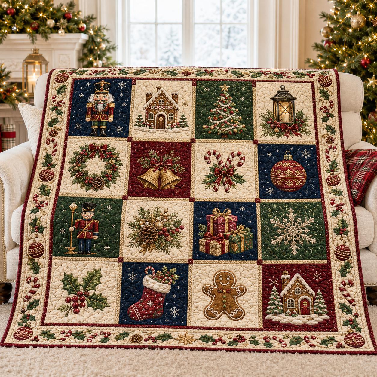 Nutcracker and Candy Cane Christmas Patchwork Quilt Blanket – Festive Holiday Winter Throw for Cozy Sofa Decor