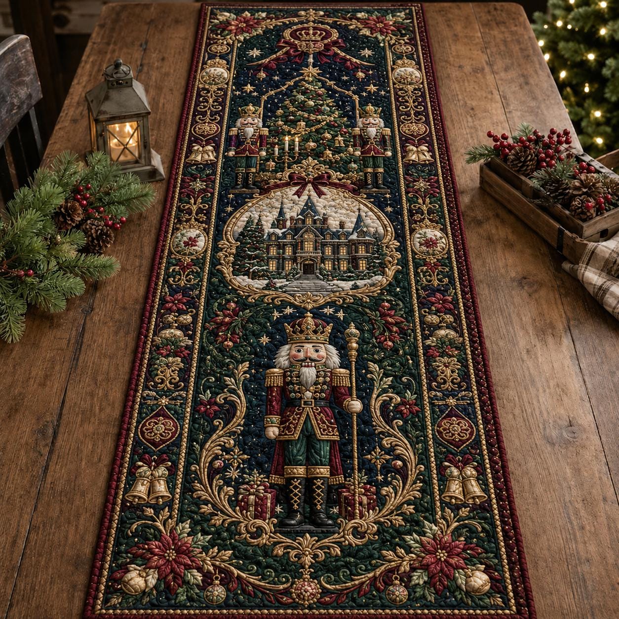 Nutcracker Quilted Style Christmas Table Runner – Vintage Holiday Xmas Decor and Elegant Festive Dining Table Accent