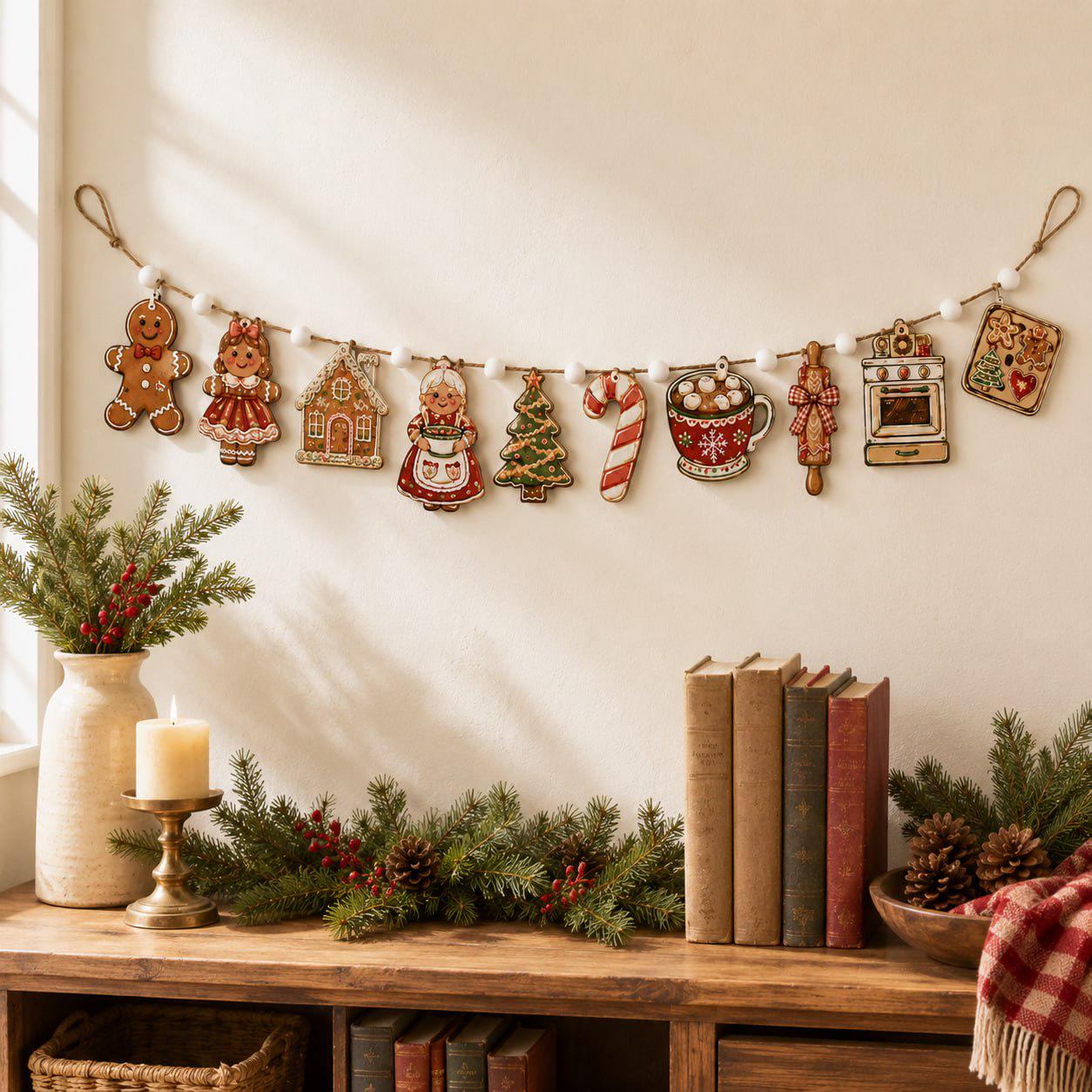 Gingerbread Christmas Wooden Garland Banner with Candy Cane Cocoa and Oven for Holiday Baking Kitchen Mantel and Wall Decor