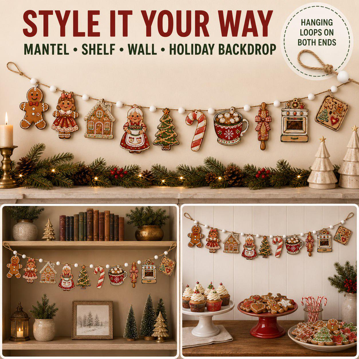 Gingerbread Christmas Wooden Garland Banner with Candy Cane Cocoa and Oven for Holiday Baking Kitchen Mantel and Wall Decor - photo 3