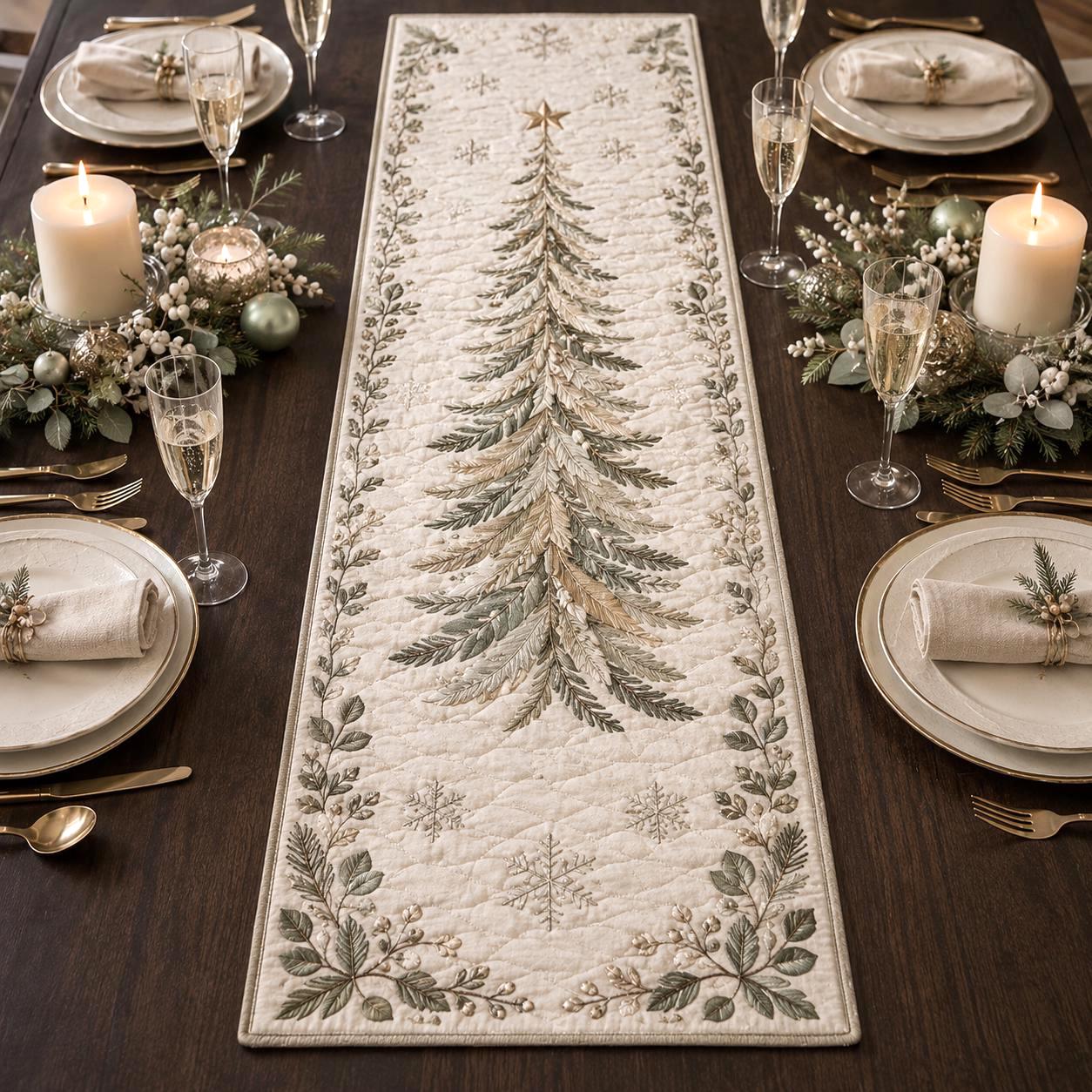 Quilted Style Christmas Tree Table Runner – Elegant Winter Centerpiece and Holiday Table Decor for Neutral Tablescape