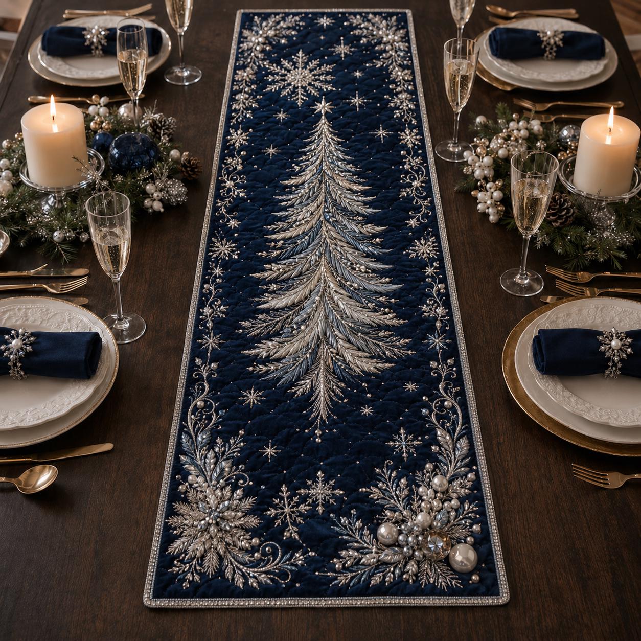 Quilted Style Christmas Tree Table Runner – Elegant Winter Centerpiece and Holiday Table Decor for Neutral Tablescape - photo 2