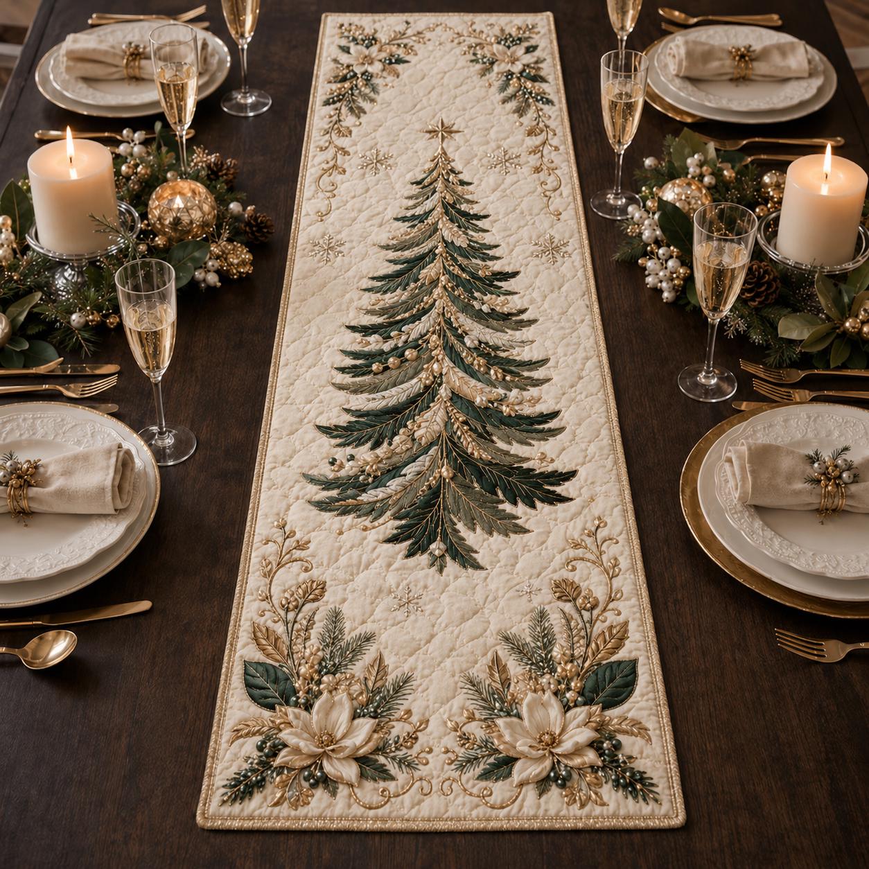 Quilted Style Christmas Tree Table Runner – Elegant Winter Centerpiece and Holiday Table Decor for Neutral Tablescape - photo 3