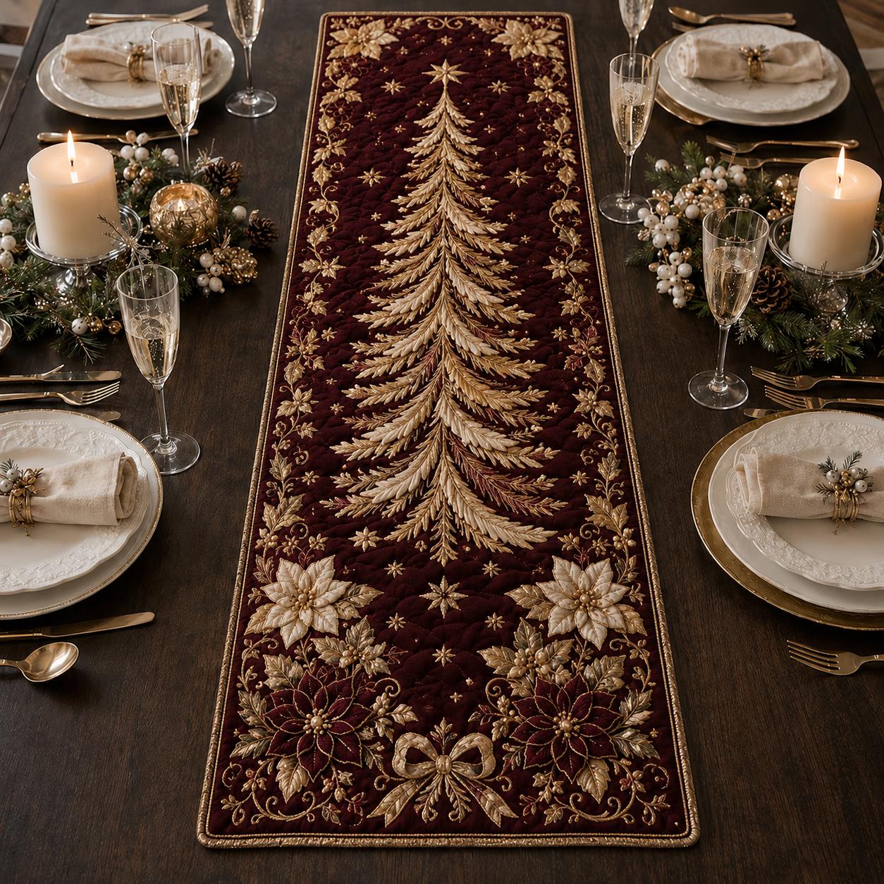 Quilted Style Christmas Tree Table Runner – Elegant Winter Centerpiece and Holiday Table Decor for Neutral Tablescape - photo 4
