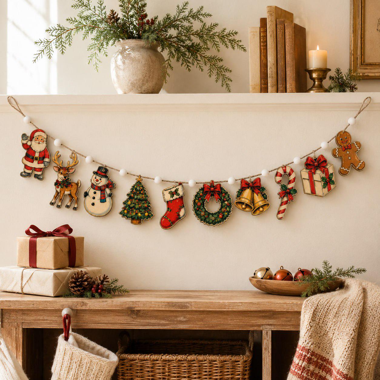 Classic Christmas Wooden Garland Mantel Banner with Santa Reindeer Snowman Tree Wreath Bell and Candy Cane for Holiday Wall Decor