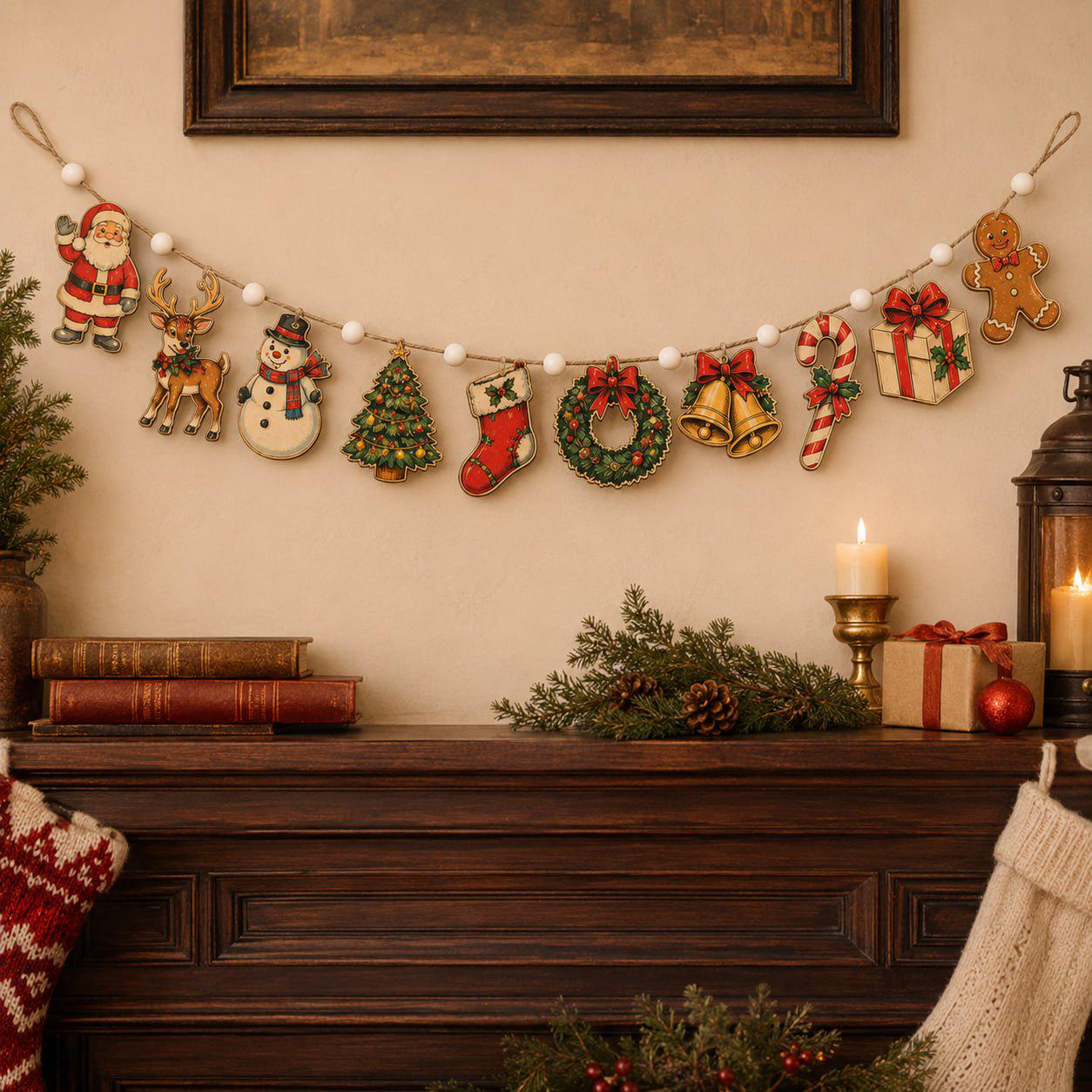 Classic Christmas Wooden Garland Mantel Banner with Santa Reindeer Snowman Tree Wreath Bell and Candy Cane for Holiday Wall Decor - photo 6