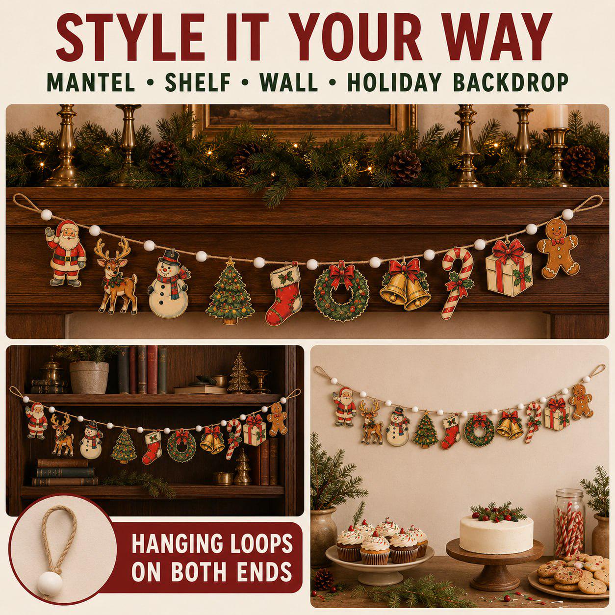 Classic Christmas Wooden Garland Mantel Banner with Santa Reindeer Snowman Tree Wreath Bell and Candy Cane for Holiday Wall Decor - photo 7