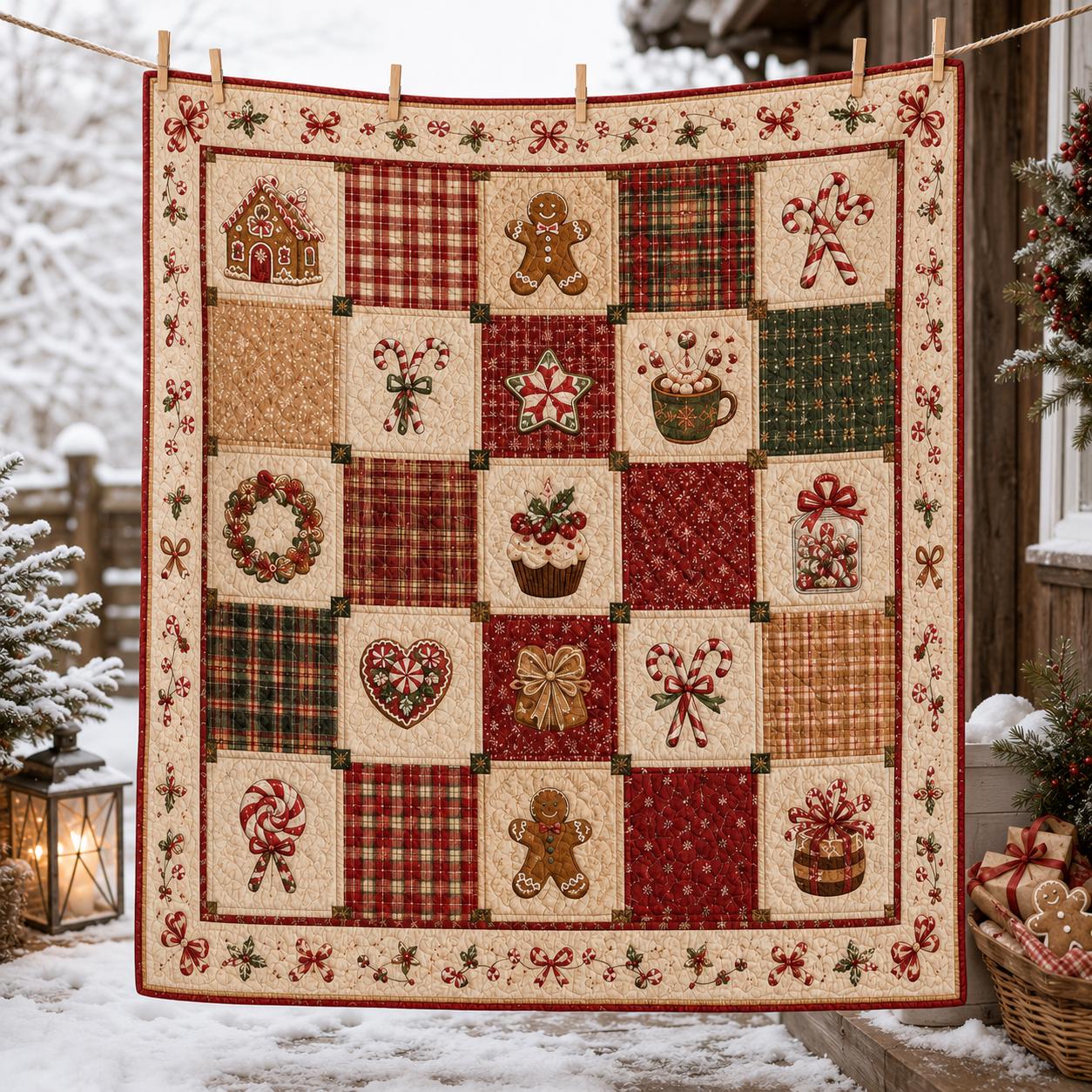 Festive Gingerbread Christmas Quilt Blanket and Candy Cane Patchwork Throw for Bed – Sweet Holiday Xmas Bedding