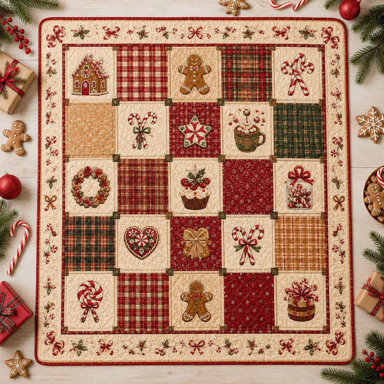 Festive Gingerbread Christmas Quilt Blanket and Candy Cane Patchwork Throw for Bed – Sweet Holiday Xmas Bedding - photo 2