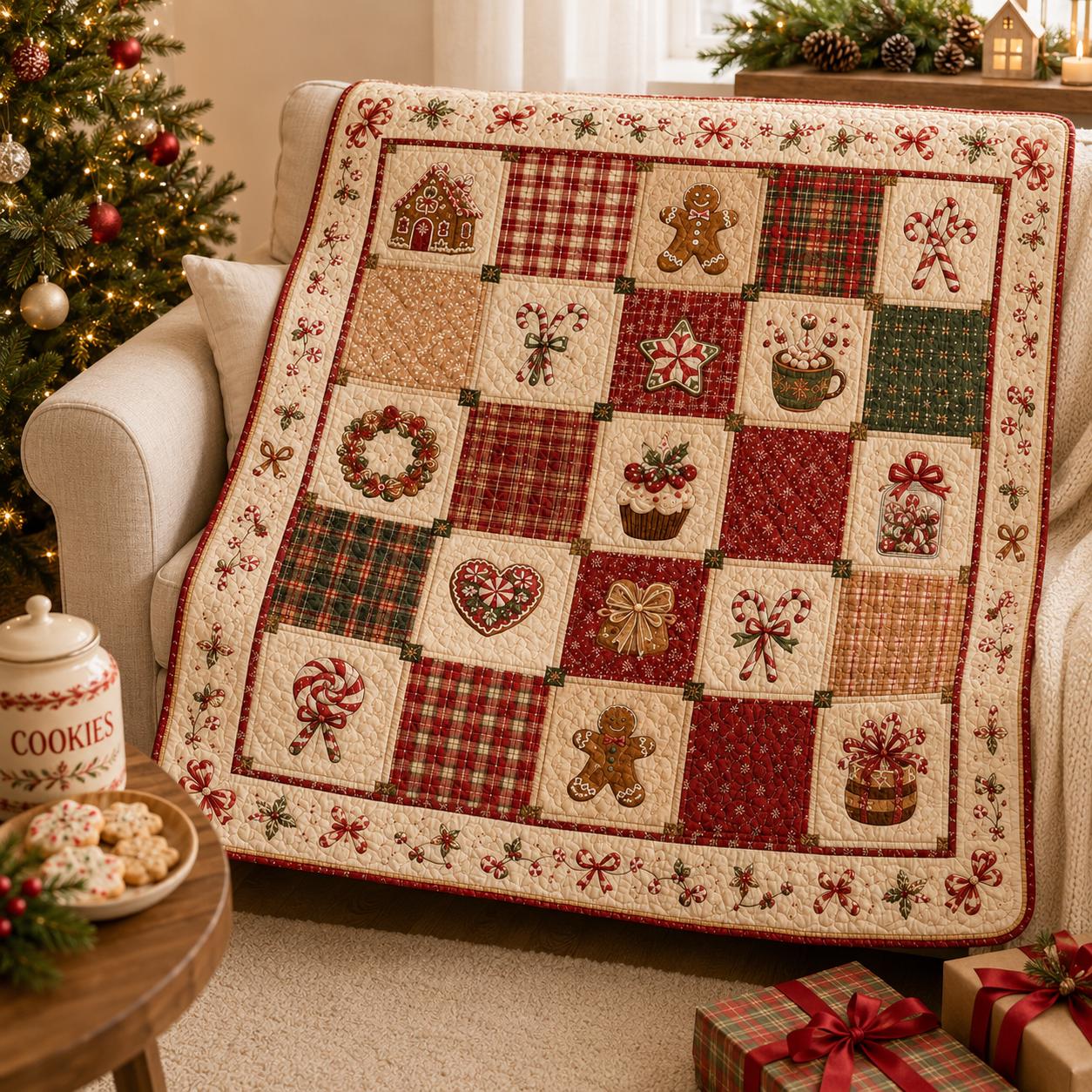 Festive Gingerbread Christmas Quilt Blanket and Candy Cane Patchwork Throw for Bed – Sweet Holiday Xmas Bedding - photo 3
