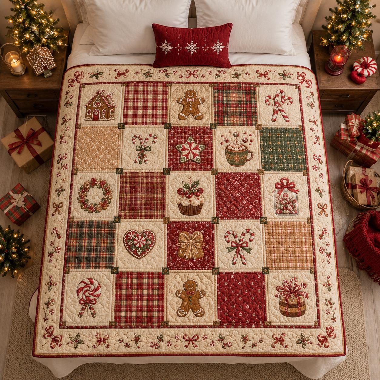 Festive Gingerbread Christmas Quilt Blanket and Candy Cane Patchwork Throw for Bed – Sweet Holiday Xmas Bedding - photo 4