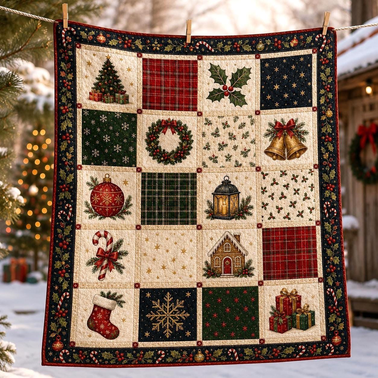 Traditional Christmas Quilted Style Blanket And Holly Berry Patchwork Bedding – Classic Festive Xmas Holiday Bed Throw