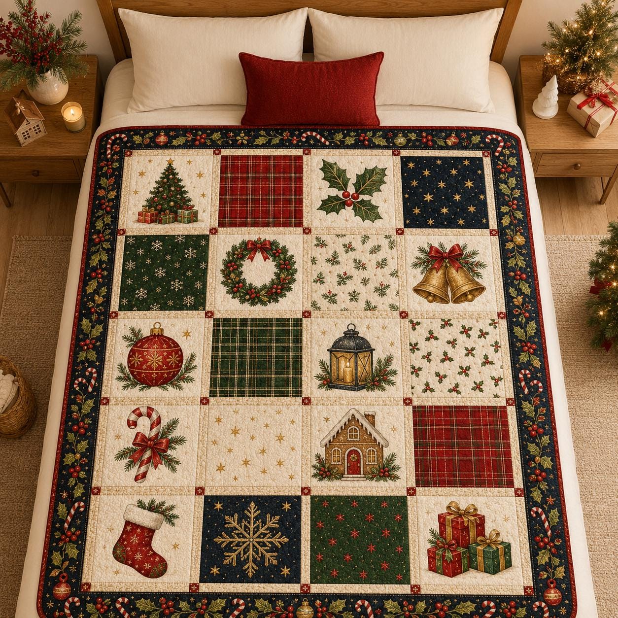 Traditional Christmas Quilted Style Blanket And Holly Berry Patchwork Bedding – Classic Festive Xmas Holiday Bed Throw - photo 2