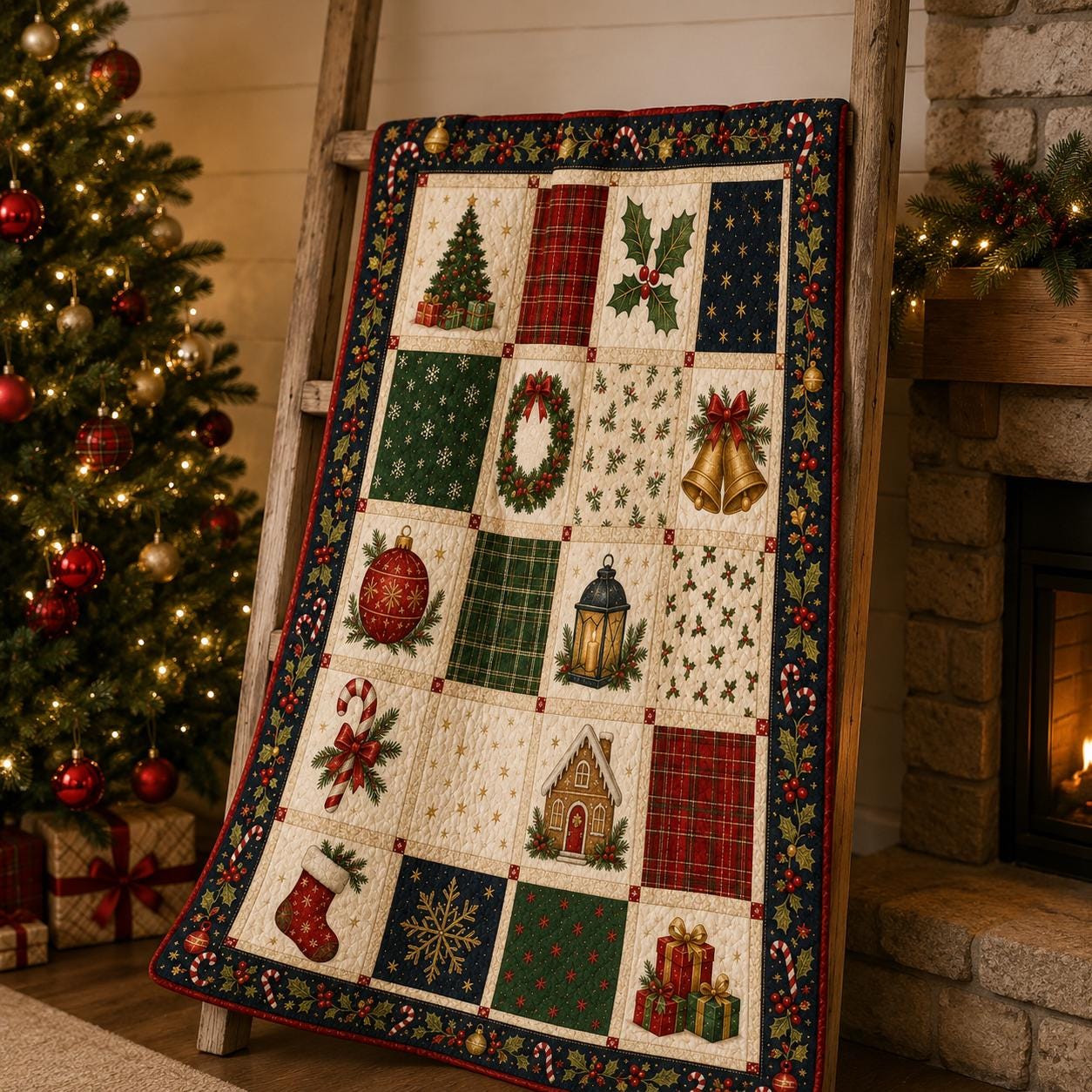 Traditional Christmas Quilted Style Blanket And Holly Berry Patchwork Bedding – Classic Festive Xmas Holiday Bed Throw - photo 3