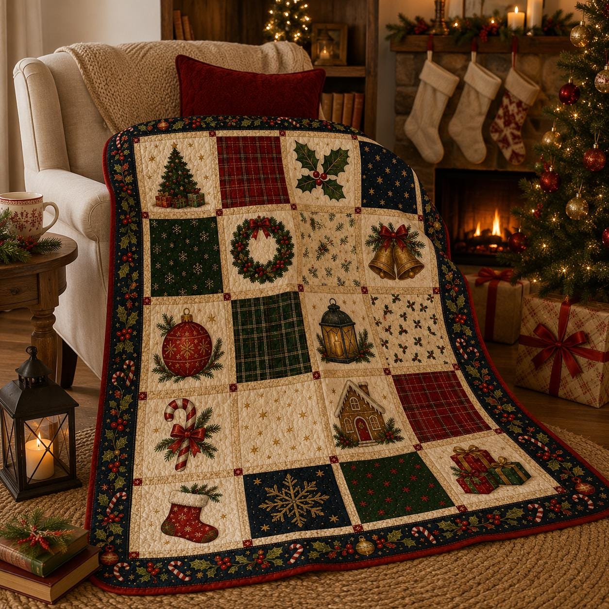 Traditional Christmas Quilted Style Blanket And Holly Berry Patchwork Bedding – Classic Festive Xmas Holiday Bed Throw - photo 4