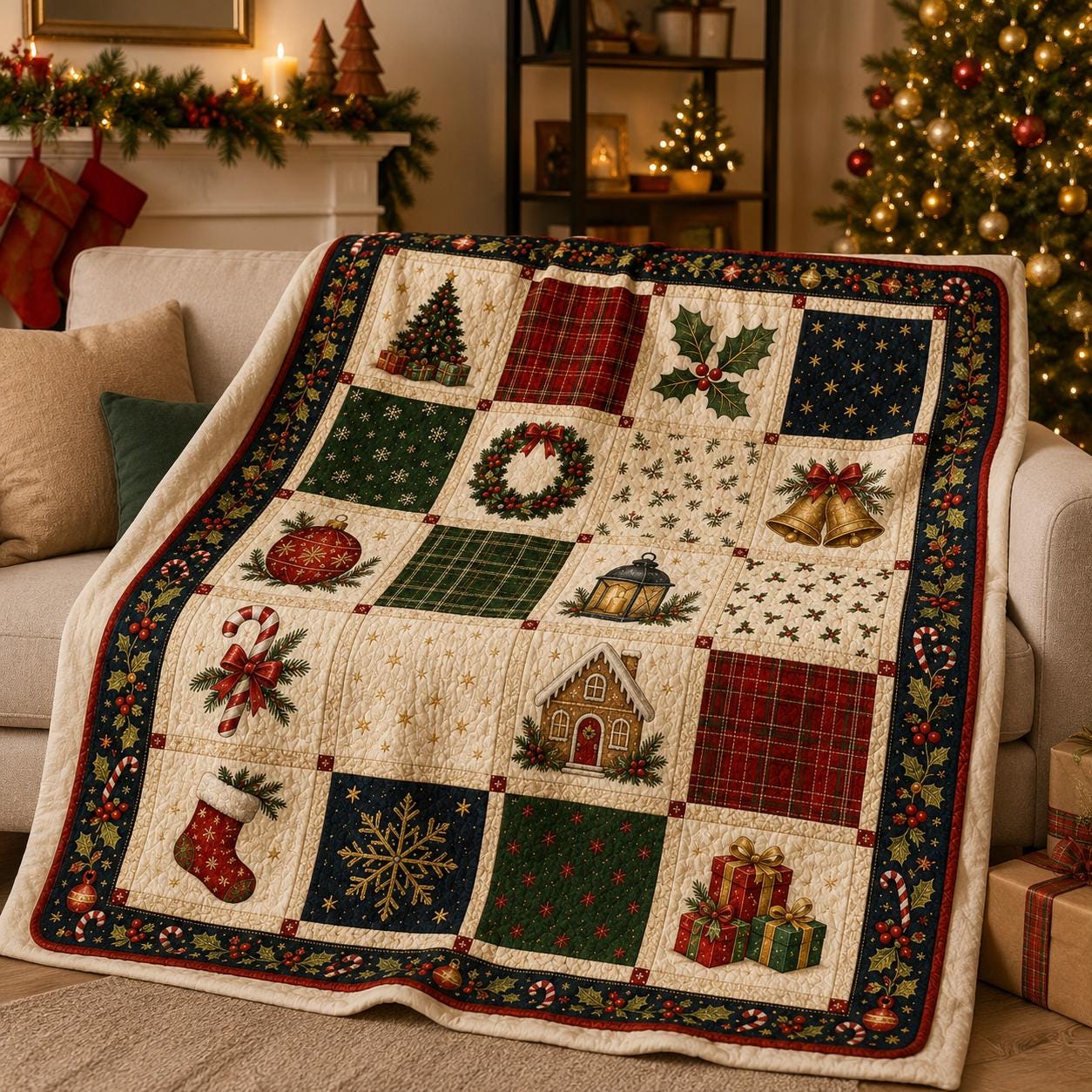 Traditional Christmas Quilted Style Blanket And Holly Berry Patchwork Bedding – Classic Festive Xmas Holiday Bed Throw - photo 6