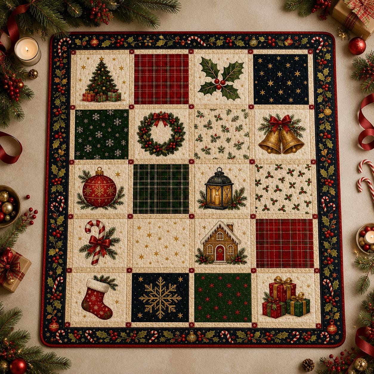 Traditional Christmas Quilted Style Blanket And Holly Berry Patchwork Bedding – Classic Festive Xmas Holiday Bed Throw - photo 7