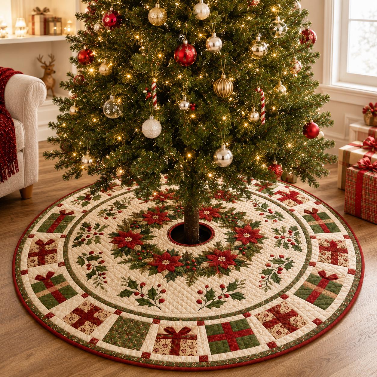 Quilted Style Christmas Tree Skirt and Traditional Base Cover – Red and Green Poinsettia Holly Patchwork for Holiday Tree Decor