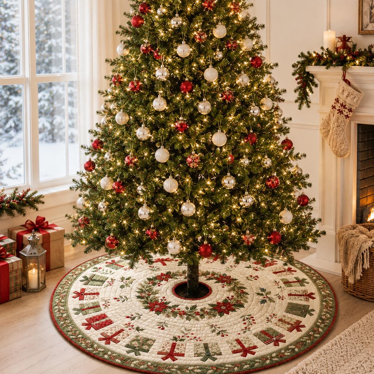 Quilted Style Christmas Tree Skirt and Traditional Base Cover – Red and Green Poinsettia Holly Patchwork for Holiday Tree Decor - photo 3