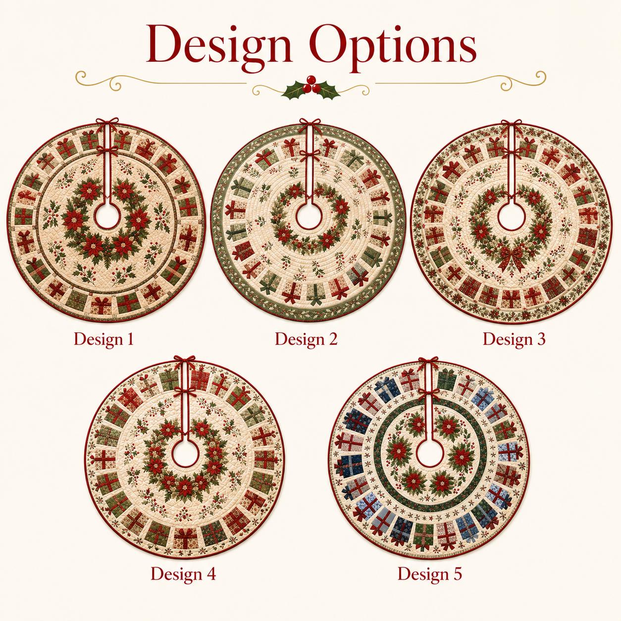 Quilted Style Christmas Tree Skirt and Traditional Base Cover – Red and Green Poinsettia Holly Patchwork for Holiday Tree Decor - photo 4