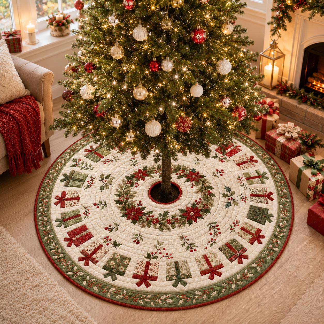 Quilted Style Christmas Tree Skirt and Traditional Base Cover – Red and Green Poinsettia Holly Patchwork for Holiday Tree Decor - photo 5
