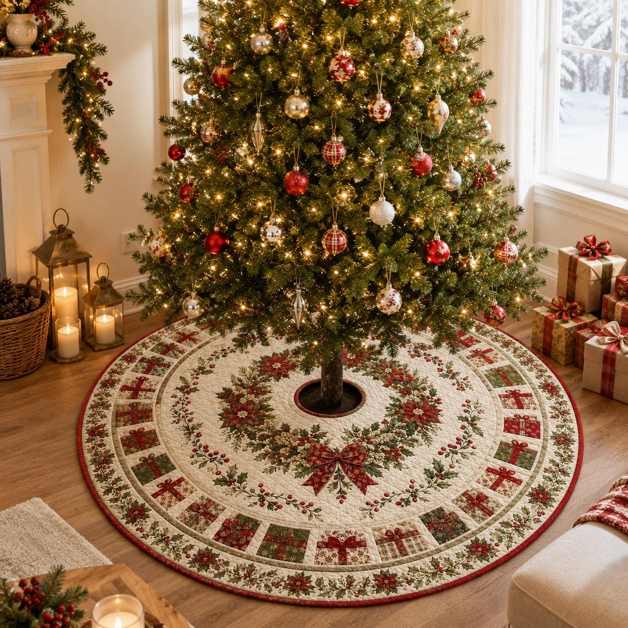 Quilted Style Christmas Tree Skirt and Traditional Base Cover – Red and Green Poinsettia Holly Patchwork for Holiday Tree Decor - photo 6